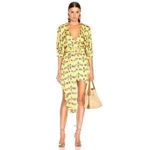 PatBo Asymmetrical Belted Floral Mini Dress Puff Sleeves Satin Yellow Size 4